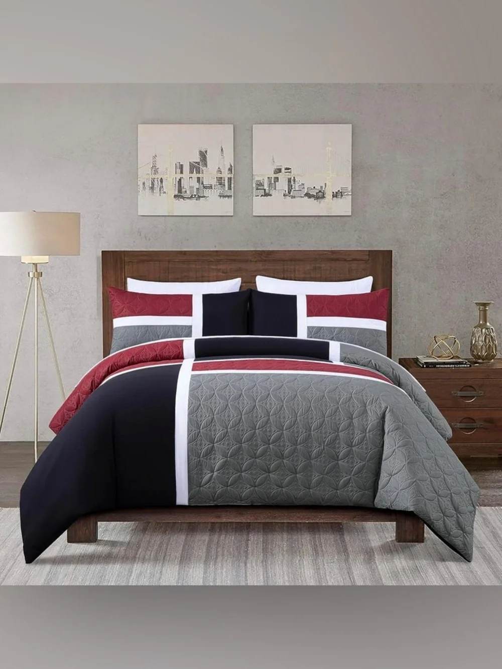 Modern Geometric king 3 piece Comforter Set in Black, Gray & Burgundy